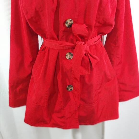 LONDON FOG "TOWNE!" RACY RED COTTON DUCK BELTED RAINCOAT, W/BUTTON ON HOOD! SZ L - Picture 6 of 13